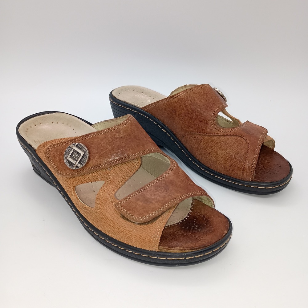 Fidelio Hallux‎ Brown Leather Wedge Slide Sandals Adjustable Straps EU 36 US 5.5